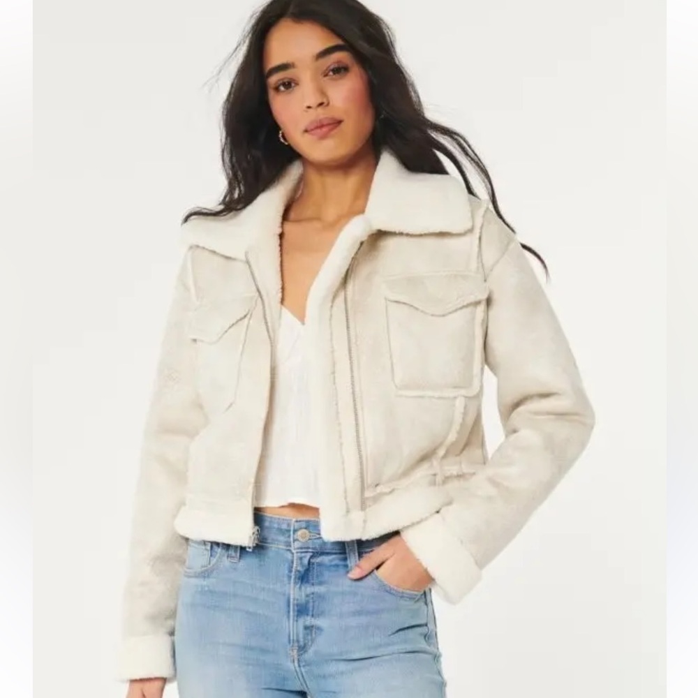 Hollister Cream Sherpa-Lined Zip Front Jacket
